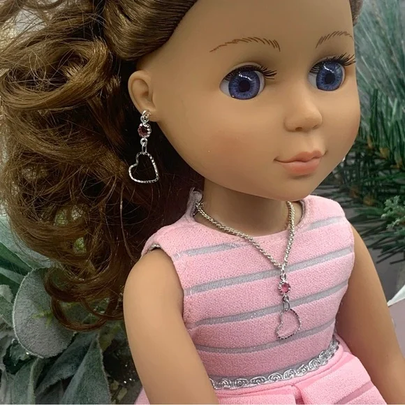 Silver Heart Pink Crystal Silver Doll Necklace Earring Set 14” Wellie Wisher 5/1 - Picture 4 of 15